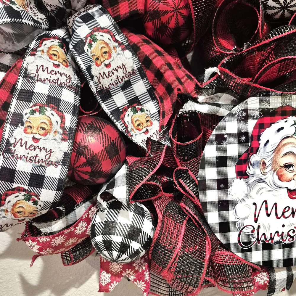 Festive Red and Black Santa Christmas Wreath Large Holiday Wreath Buffalo Check